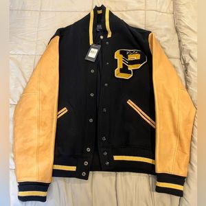 NWT mens Polo Ralph Lauren Varsity Letterman Jacket navy wool tan leather size L
